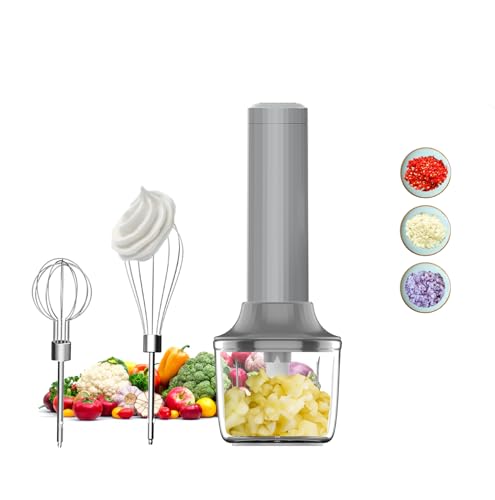 3-in-1 Electric Whisk, Hand Mixer, Small Cordless Hand Blender, Mini Onion Chopper 300ML, Rechargeable Hand Whisk Electric, Food Processor for Baby, Baby Food Maker, Portable 4 Speed Hand Mixer