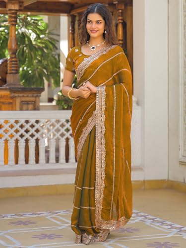 Image of Satrani Women's Shimmer Chiffon Scalloped Border Sequins Embroidery Saree with Unstitched Blouse Piece