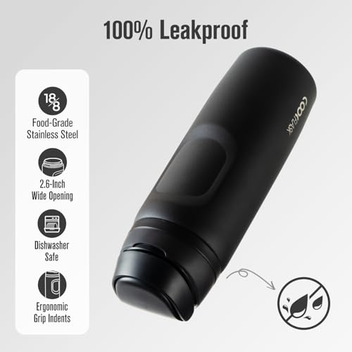 Image of Coolflask MegaSip Stainless Steel Water Bottles 24 oz with Straw, Insulated Water Bottle Leak-Proof, 24+ Hours Cold, BPA-Free Dishwasher Safe, Water Flask for Sports Gym Work Office, Midnight Black