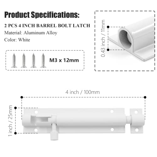 Bivethoi 2 Pcs 4 Inch Barrel Bolt Latch White Door Latch Hardware, Small Slide Latch Lock Heavy Duty Security Bolt, Aluminum Alloy Gate Slide Lock Latch Mini Warehouse Garage Door Latch (1.3Mm Thick) #TOP2