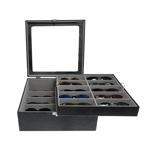 Estojo Porta Óculos 20 Casulos Preto Com Interno Aveludado Cinza Caixa Organizador Maleta para ÓculoS
