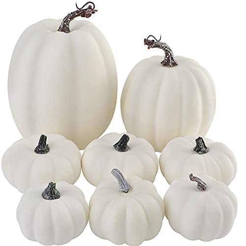 Artmag 8 Pcs Assorted Sizes Harvest White Artificial Pumpkins for