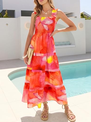 Image of Caracilia Womens Summer Maxi Dresses Floral Smocked Sleeveless Ruffle Boho Casual Flowy Aline Beach Vacation Long Sundress
