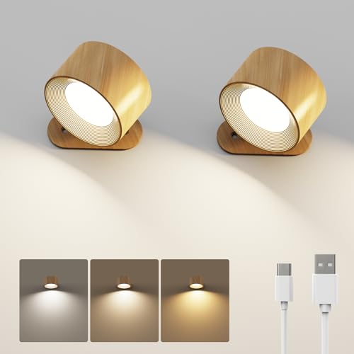 Wall Light(2 Pack) Wall Lamp with Rechargeable Battery Operated USB Port 3 Color Temperatures & 3 Brightness Levels 360 Rotating Magnetic Ball Wall Lights for Bedroom Living Room -Wood