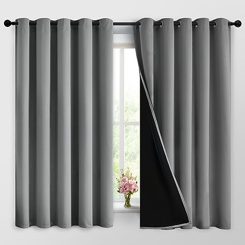 Image of Yakamok Grey Blackout Curtains 63 Inches Long for Bedroom 62 inch Wide 2 Pcs | Blackout Curtain Panels for Bedroom, 2 Thick Layers Grommet Top Thermal Insulated Drapes with Black Liner for Living Room