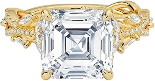 4 Carat Yellow Gold Asscher Cut Moissanite Engagement Ring for Women, Nature Inspired Floral Leaf Design, 10K 14K 18K Solid Gold or 925 Sterling Silver, Vintage Promise Wedding Ring, Unique Proposal Ring Gift