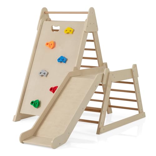 COSTWAY 3 in 1 Arrampicata per Bambini, Set Arrampicata Montessori in Legno con Scivolo, Rampa su Roccia e Scaletta, Parco Giochi Interno per Bambini 3+ Anni (Naturale)