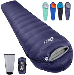 QEZER Daunenschlafsack Mumienschlafsack Winter 0°C bis -23°C