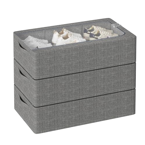 GRSQYS Under Bed Storage Bins with Metal Frame, Shoe Organizer for Closet with Large Clear Windw,Foldable Stackable Linen Fabric Clothes Organizer Bins (Dark Grey, 15.7(L) x13(W) x6(H) inch)