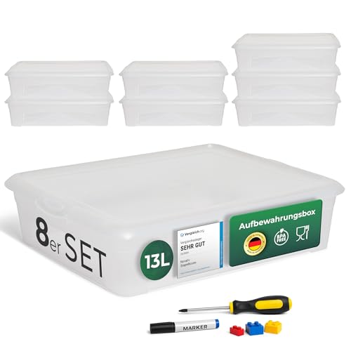 Novaliv 8x Aufbewahrungsboxen mit Deckel 13L transparente Boxen stapelbare Nestbar Storage boxes mit Clipverschluss Kunststoff BPA-frei 41x34x10 cm