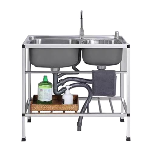 蛇口付きフリースタンドユーティリティシンク、温水・冷水蛇口、棚付きタオルバー付きモダンなステンレススチール製ダブルボウル、ガレージ、ランドリールーム、屋外、カフェバー