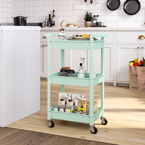 Steehoom 3-Tier Utility Rolling Cart with Cover Top Board, Mobile Utility Cart with Lockable Casters Multi-Functional Storage Trolley for Office, Bathroom, Kitchen, Garden, Laundry Room (Green) - Thumbnail 5