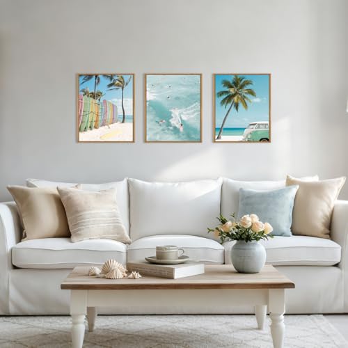 Image of KAIRNE Ocean Beach Framed Canvas Wall Art Set, Coastal Seascape Surfboard Wall Decor, Modern Palm Tree Art Prints, Summer Surfing Blue Artwork for Living Room, Bedroom, Farmhouse, Office-12 x16 x3