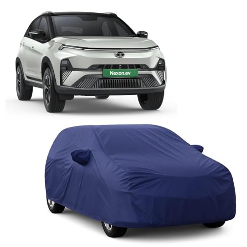 Image of Car Body Cover Compatible with Tata Nexon EV | Water, Dust & UV Protection | Mirror Pockets | Elastic Grip | Triple Stitch Tata Nexon EV Car Cover (Blue)