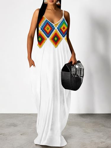 Image of Women's Summer Maxi Dress Spaghetti Strap Floral Boho Beach Long Sundress with Pockets