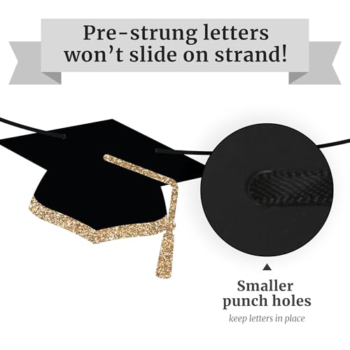 Image of Pre-Strung Congratulations Banner, Gold Glitter Grad Caps Graduation Banner