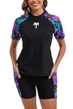 Halcurt Women's Built in Bra Rash Guard Set Sun Protection Short Sleeve Swimsuit Black M