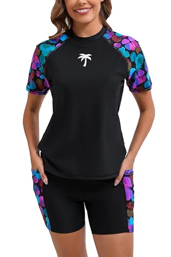 Halcurt Women's Built in Bra Rash Guard Set Sun Protection Short Sleeve Swimsuit Black XL