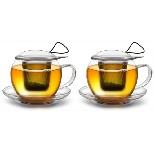 Creano Tazza da tè Jumbo con manico e colino integrato in acciaio inossidabile, coperchio in vetro e piattino | 450ml Trasparente 2XL (confezione da 2)