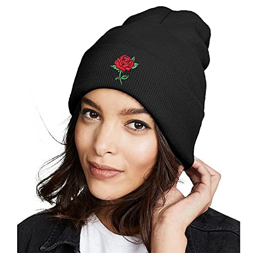 Rose Beanie Hats For Men Women Flower Hat Floral Winter Knit Beanie Soft Warm Unisex Skull Cap Black #TOP2