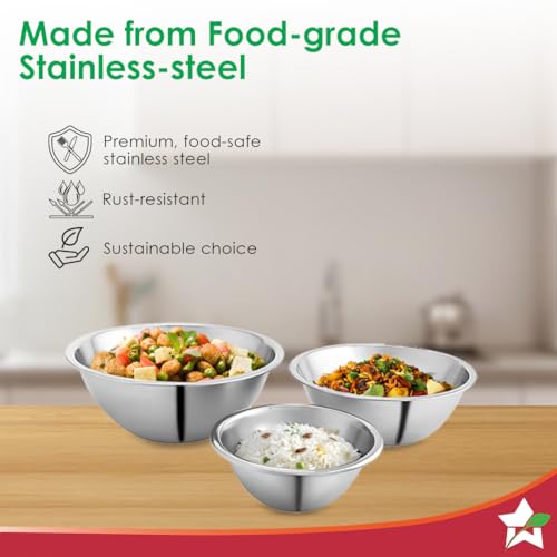 Image of Wonderchef Ambrosia Stainless-Steel Mixing Bowl (3 Pcs.) | 17 cm (775ml), 20 cm (1.35 L), 24 cm (2.4 L) | Stackable, Food-Grade, Non-Corrosive, Sturdy | Use to Mix, Marinate, Serve | 1-Year Warranty
