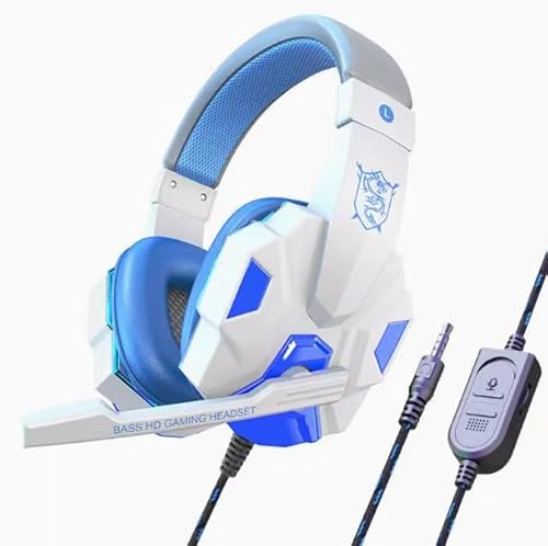 FKLBBLPM Bass HDゲーミングヘッドセット、ブルーLEDライト、通気性メッシュイヤーカップ、7.1サラウンドサウンド。