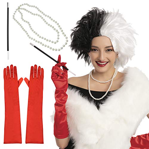 Spooktacular Creations Women Black and White Wig Set with Fluffy Shawl, Gloves, Necklace and Cigarette Holder Short Bob Wavy Wig Cruel Lady Halloween Wig Cosplay Party Costume Synthetic Wig