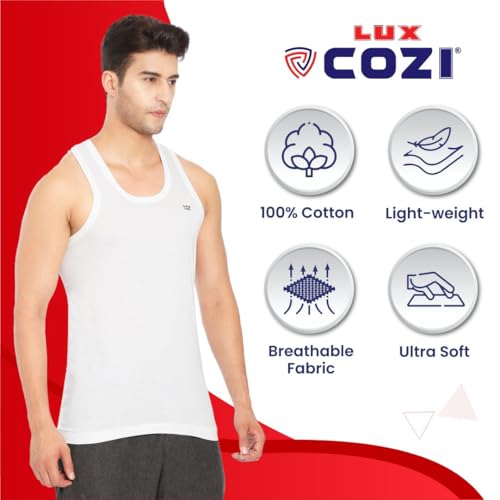 Image of Lux Cozi 100% Cotton Men Sleeveless Round Neck Vest - Modern White Baniyan for Men, Pack of 3