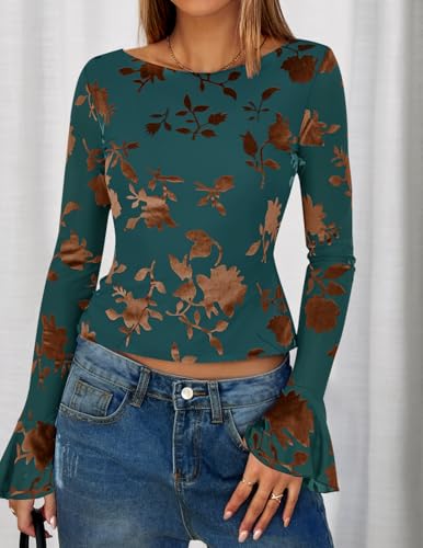 ZESICA Women's Long Sleeve Mesh Floral Tops 2025 Fall Fashion Boat Neck Bell Sleeve Fitted Shirts Going Out Y2k Outfits3