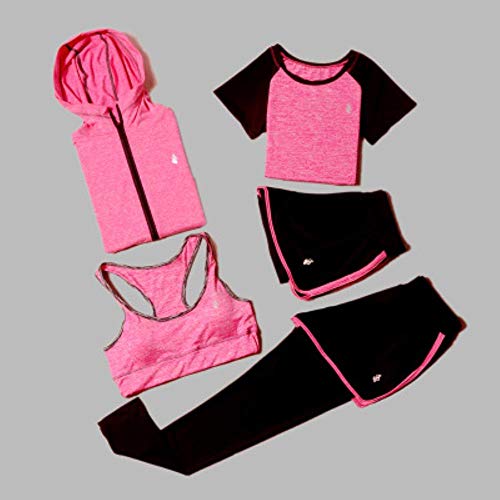 SNV Women's Yoga Sets Five-Piece 5 Set Women's Clothing Sets Women's Gym Clothing Sportswear Sports Gym Training Clothes,5-Piece Rose-2,S