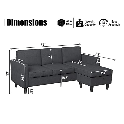 Dark Grey Convertible Sectional, Modern Linen Fabric Upholstered L-Shaped Couch With Armrest Pockets 3-Seat Sofa With Reversible Storage Ottoman For Living Room Small Space Apartment #TOP1