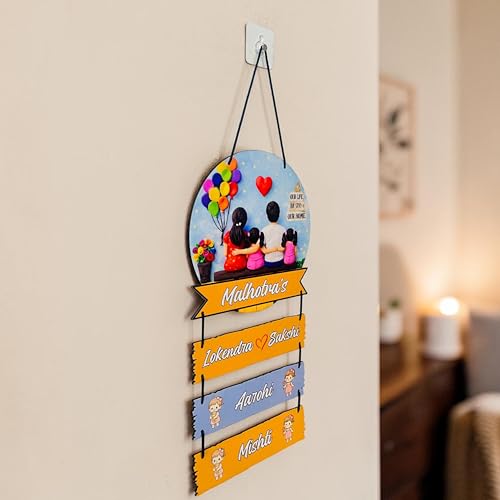 Image of P Arts Personalized Family Name Plate with 3D Illusion UV Print | Customized Wooden MDF Name Board for Indoor Home Entrance | Includes Self-Adhesive Sticky Hook for Easy Installation (Couple + 2 Girls)