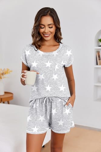 Image of Ekouaer Womens Pajama Sets 2 Piece Soft Short Sleeve Top and Shorts Sleepwear Round Neck Pjs Lounge Set with Pockets