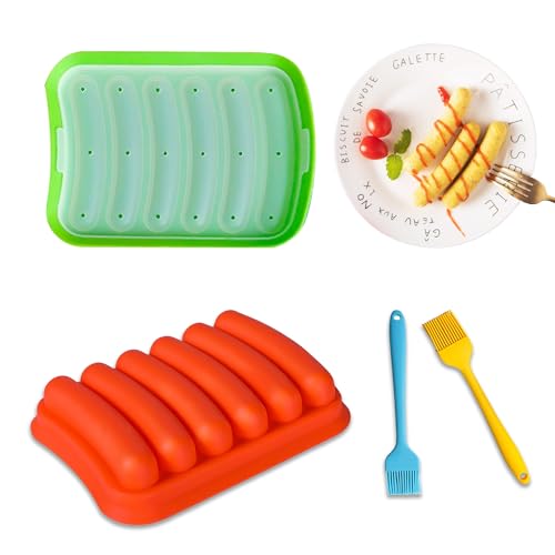 2Pack Silicone Hot Dog Mold with Oil Brush, 6-Gravity Hot Dog Baking Pan, Cooking Molds for DIY Sausages, Breads, Candies, Jellies and Chocolates(Orange&Green)