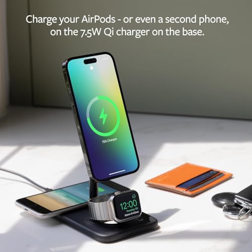 Image of Twelve South HiRise 3 Deluxe Twelve South 3-in-1 MagSafe + Qi2 Charging Stand for iPhone, Watch, and AirPods, White