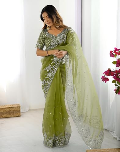 Image of SIRIL Women's Organza Sequence Embroidery Saree With Unstitched Blouse Piece