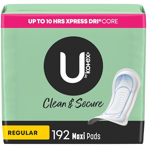 U by Kotex Clean & Secure Maxi Pads, Regular Absorbency, 192 Count (4 Packs of 48) (Packaging May Vary)