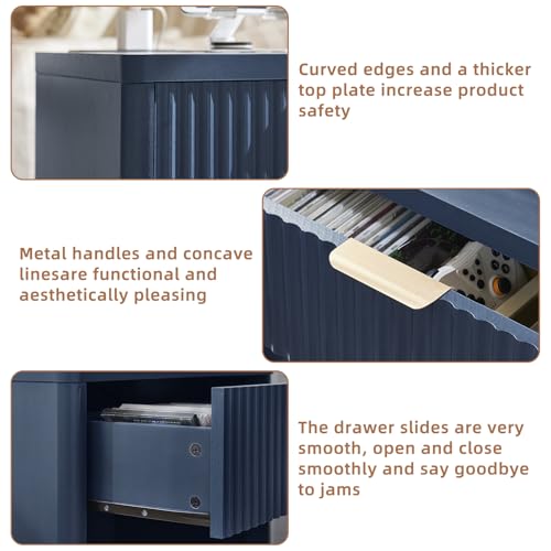 LEYAOYAO Fluted Nightstand with Charging Station, 23" Wide 1 Drawers Night Stand,Blue End Table with Open Storage,Farmhouse Bed Side Tables, Wood Dresser for Bedroom, Living Room, Closet