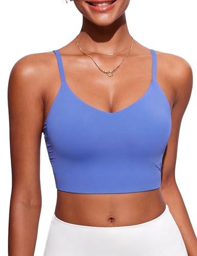 Image of CRZ YOGA V Shaped Longline Bikini Tops for Women - Padded Cropped Adjustable Spaghetti Straps Swimsuit Athletic Bathing Suit Wild Indigo Small