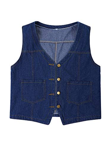 Women's V-Neck Button Up Unlined Denim Waistcoat Vest Sleeveless Classic Buttoned Washed Jacket with Pocket Dark Blue S