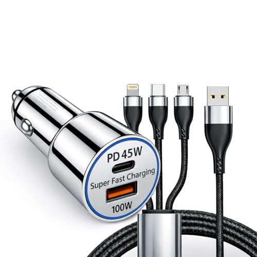 Image of 45W Fast Car Charger with 3-in-1 Cable | PD & QC Super Fast Charging | Type-C + USB-A Output | Supports Dash, Warp, VOOC |Compatible with Cars for iPhone & Android Smartphone (Silver)