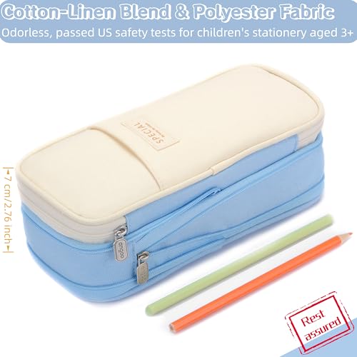 Image of Large Capacity Canvas Pencil Case Organizer Holder Pouch Bag with Zipper Compartments, Pen Cases for Women Girls School Adults (Beige /Blue)