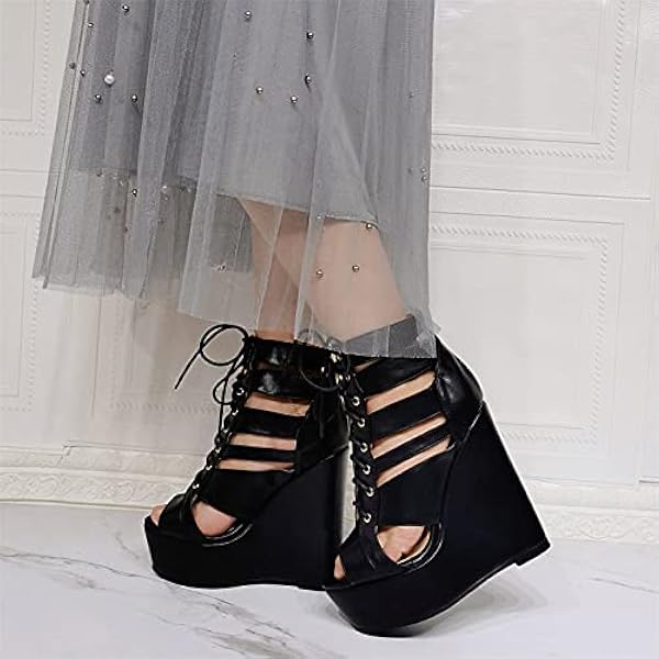 Höga klackar sexiga 36-52 spetsfest stor storlek 15 cm kil sandaler, svart-44 Happy house