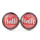 SCHMUCKZUCKER Damen Ohrstecker mit Spruch Motiv Halli Hallo witzige Edelstahl Stecker Ohrringe Silber Rot Weiss Kariert 14mm