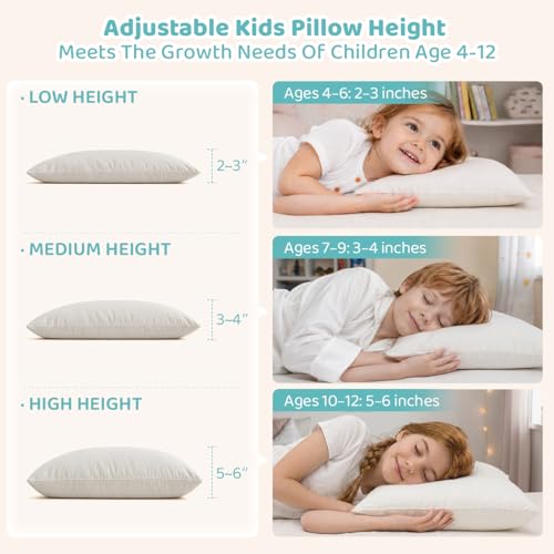 Image of Adjustable Kids Pillow for Ages 4-12 with Organic Cotton Shell(2 Pack) | 16x22 Youth Pillow, CPSC and OEKO-TEX Certified, Hypoallergenic, Machine Washable, Bedroom, Preschool Nap, Camping
