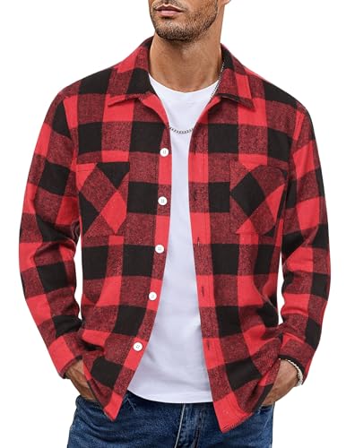 COOFANDY Camisa de Franela de Manga Larga a Cuadros para Hombre Chaqueta Casual a Cuadros con Bolsillos Rojo 3XL