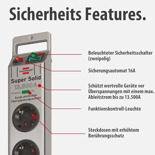Brennenstuhl Super-Solid Steckdosenleiste 5-Fach (Mehrfachsteckdose mit Schalter und 2,5m Kabel - aus bruchfestem Polycarbonat) schwarz/Silber – Bild 4