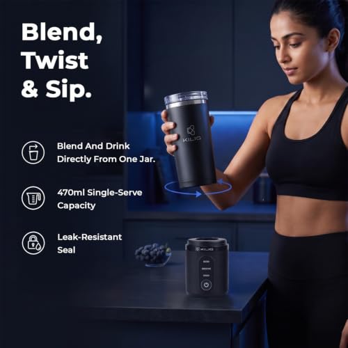 Image of KILIG Vortex Blitz Stainless Steel Portable Blender 470ml, USB-C, Black | SUS304 Steel Insulated Jar, 6 Blades; 3 modes (Blend, Smoothie, Crush); twist-and-sip; 1-yr warranty