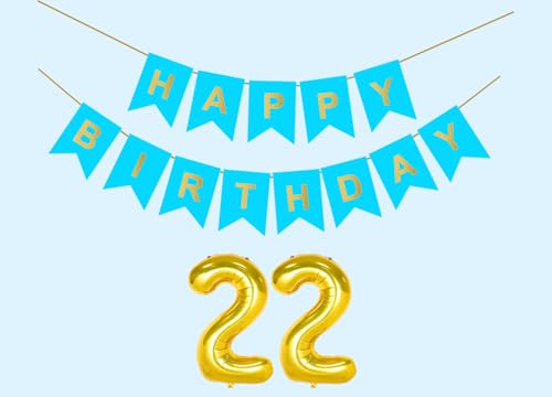 Image of 22nd Sky Blue Happy Birthday Decoration Kit for 22 year Old Boys Girls Women with Number Twenty-two Party Decorations Decor Celebration Items Item Set Combo Reusable Paper Banner