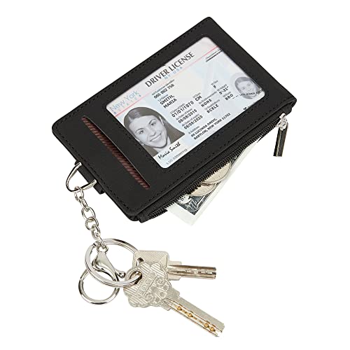 Women & Men Keychain Card Holder Case Zipper Slim Minimalist Front Pocket Wallet with 2 ID Window, Black3